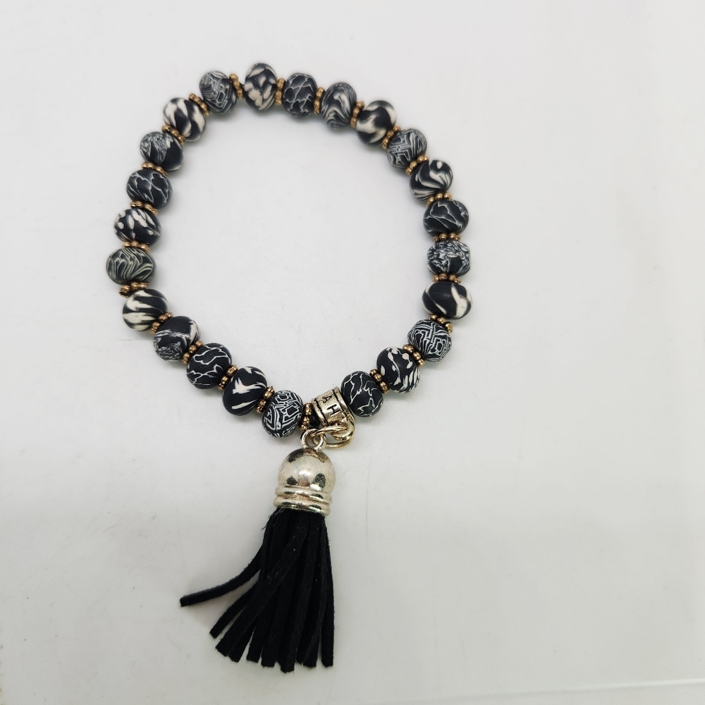 Jilzarah Handmade Clay Bead Leather Tassel Noir Black White Mosaic 8mm Bracelet